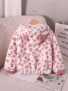 SHEIN Genkimix Kids 女童秋冬休閒時尚豹紋毛絨拉鍊連帽開襟外套 - 白色 - 查看 2