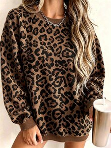 Breezaya Plus Size Women's Casual Leopard Print Long Sleeve Sweatshirt,Fall/Winter - Multicolor - View 1