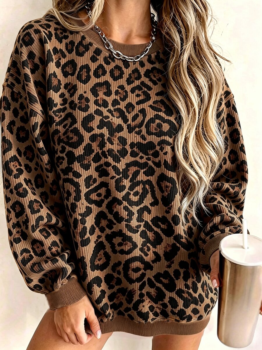 Breezaya Plus Size Women's Casual Leopard Print Long Sleeve Sweatshirt,Fall/Winter - Multicolor - View 1