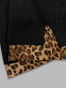 Balvessa Women's Ribbed Slim Fit V-Neck Leopard Print Patchwork Collar Lantern Long Sleeve Split Hem Sweater - Black - View 4