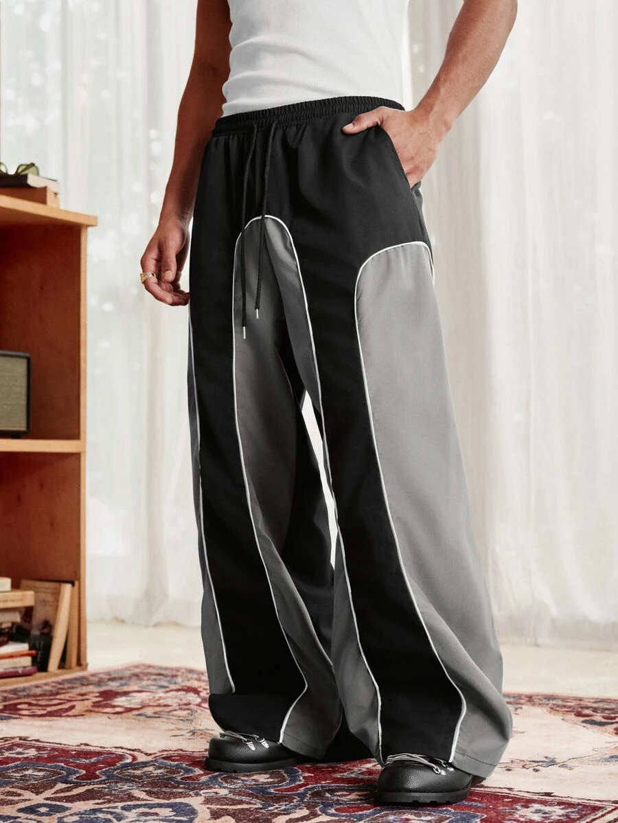 SWAVVY Men's Woven Fashion Casual Loose Striped Patchwork Waist Straight Leg Long Pants - Black - View 1
