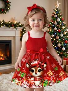 Girls Christmas Ribbed Christmas Gift Deer & Snowflake Pattern Ruffle Hem Dress, Cute & Sweet Baby Girls Outfit - Hot Pink - View 1