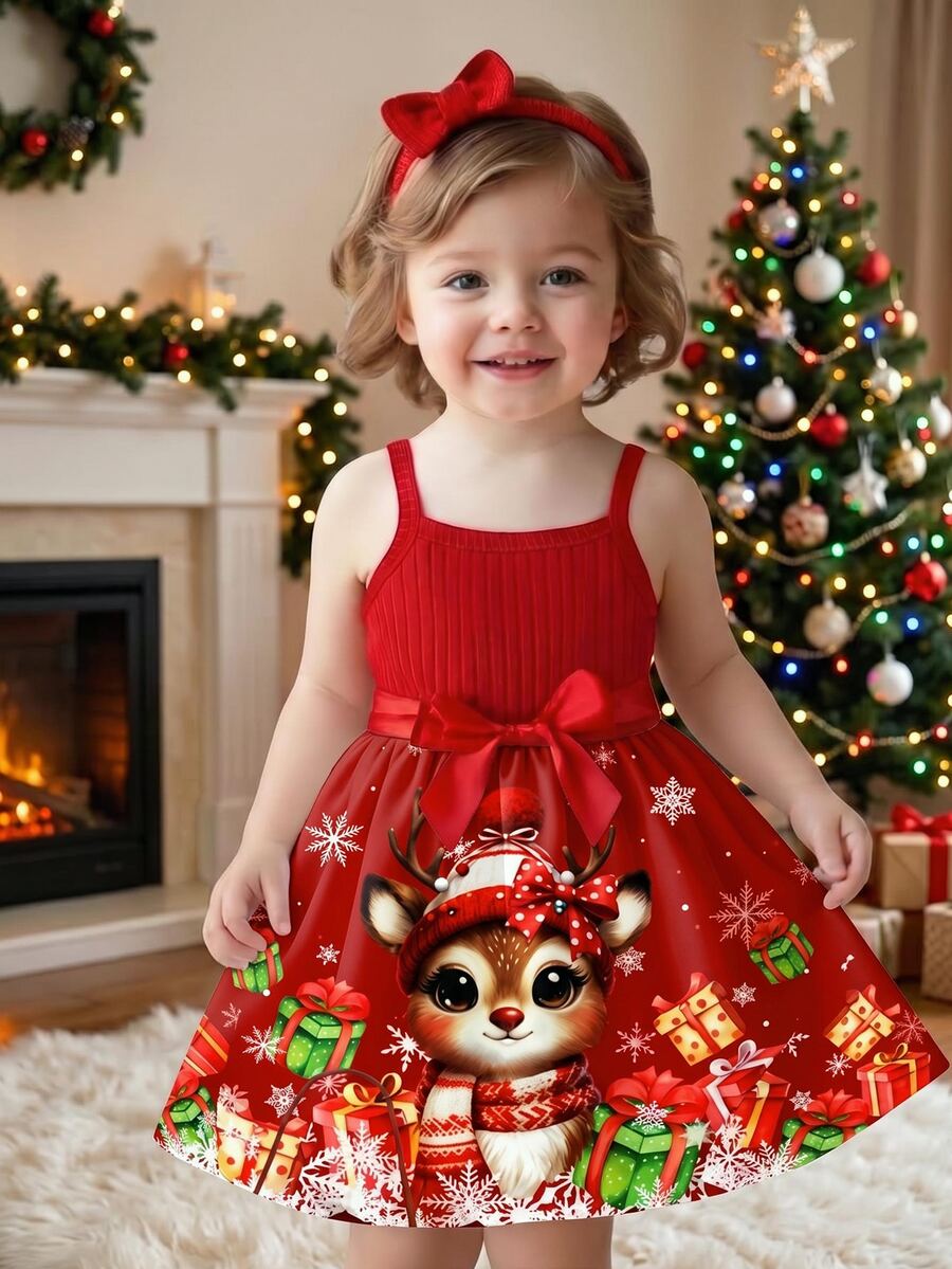 Girls Christmas Ribbed Christmas Gift Deer & Snowflake Pattern Ruffle Hem Dress, Cute & Sweet Baby Girls Outfit - Hot Pink - View 1