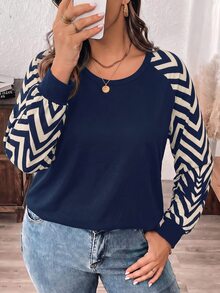 SHEIN LUNE Plus Size Women's Casual Raglan Sleeve Round Neck Loose Fit T-Shirt, Suitable For Autumn/Winter - Multicolor - View 6