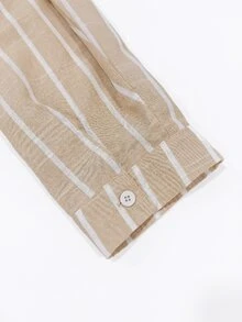 Linhara CURVE 女款大尺碼新中式休閒襯衫，卡其色條紋上衣，前開襟配盤扣裝飾 - 卡其色 - 查看 7