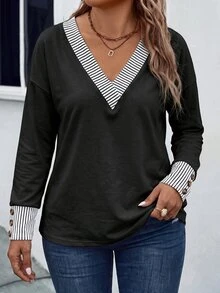 SHEIN LUNE Women's New Autumn/Winter Striped Print Patchwork Casual Versatile Plus Size T-Shirt Fall - Multicolor - View 4