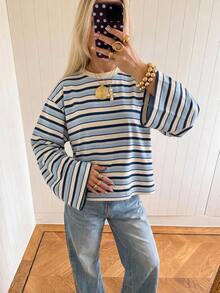 SHEIN EZwear 女款街頭風條紋拼接休閒T恤 - 藍色 - 查看 5