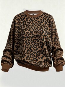 Breezaya Plus Size Women's Casual Leopard Print Long Sleeve Sweatshirt,Fall/Winter - Multicolor - View 3