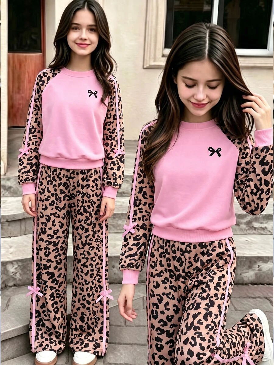SHEIN 女童女款粉色動物印花蝴蝶結 2 件套落肩圓領衛衣搭配同款印花寬腿長褲 主體 - 粉色 - 查看 1