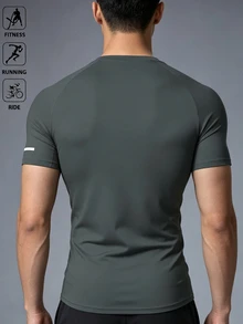 GymBeat 男士運動T恤，彈性面料，時尚Logo，節日禮物 - 深灰色 - 查看 2