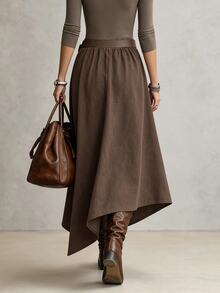 SHEIN Women's Solid Color Pleated Casual Versatile Daily Wear Skirt - Brown - View 2