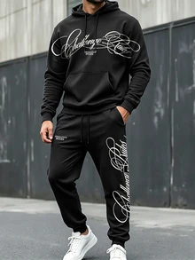 Manfinity Homme Men's Letter Print Pocket Drawstring Hoodie And Sweatpants Casual Set - Multicolor - View 1