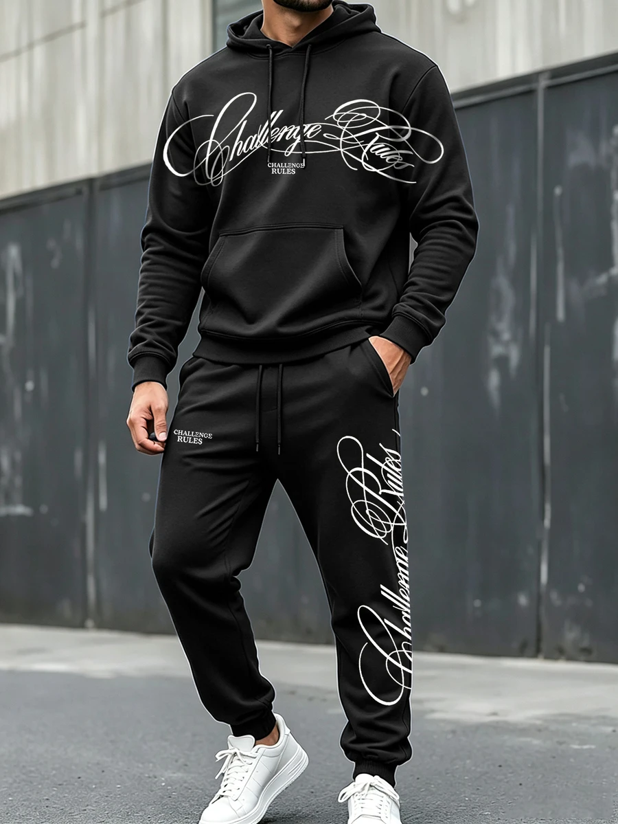 Manfinity Homme Men's Letter Print Pocket Drawstring Hoodie And Sweatpants Casual Set - Multicolor - View 1