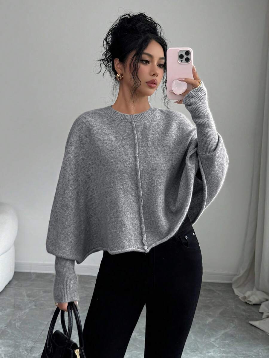 Elenzga Women's Autumn New Arrival Single Piece Crew Neck Minimalist Elegant Short Knit Pullover Long Sleeve Sweater, Versatile For Daily Wear And Commuting - Grey - View 1