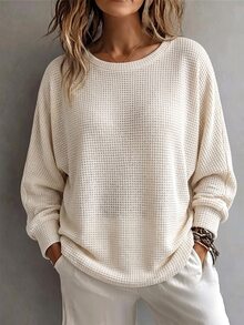 Autumn/Winter New Fashion Casual Basic Round Neck Apricot Textured Pineapple Grid Fabric Batwing Sleeve Plus Size T-Shirt - Apricot - View 4