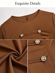 SOLERSUN Women Round Neck Lantern Long Sleeve Mini Dress Decorative Frog Button Slim Bodycon Short Dresses - Coffee Brown - View 8