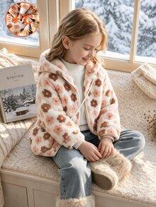 Elladie kids 女童 4-8歲甜美波點抓絨外套，舒適保暖羊羔絨全開襟外套，秋冬新款，適合日常、上學、生日、公園出遊 - 杏色 - 查看 3