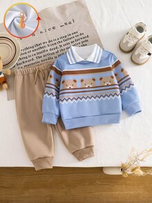 SHEIN 2件組男嬰 Polo 上衣 + 長褲，學院風藍色卡其熊圖案條紋鋸齒長袖翻領加厚冬季休閒裝，羅紋袖口 - 藍色 - 查看 1
