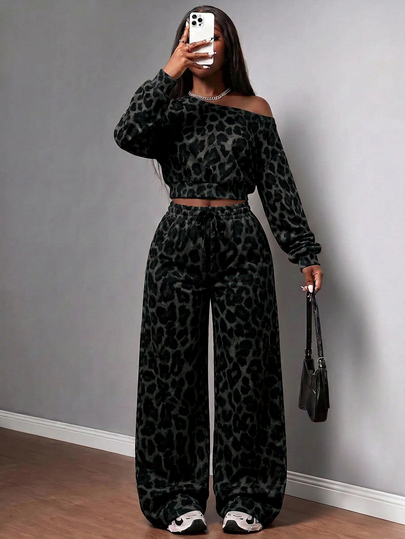 Slaydiva Conjunto de top de manga larga con un solo hombro y estampado de leopardo, y pantalones sueltos con cordón en la cintura para mujer
