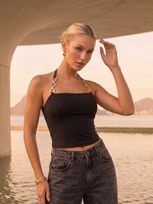 CAJUNI Women's Patchwork Metal Chain Halter Top, Suitable For Party Occasions - Black - View 2