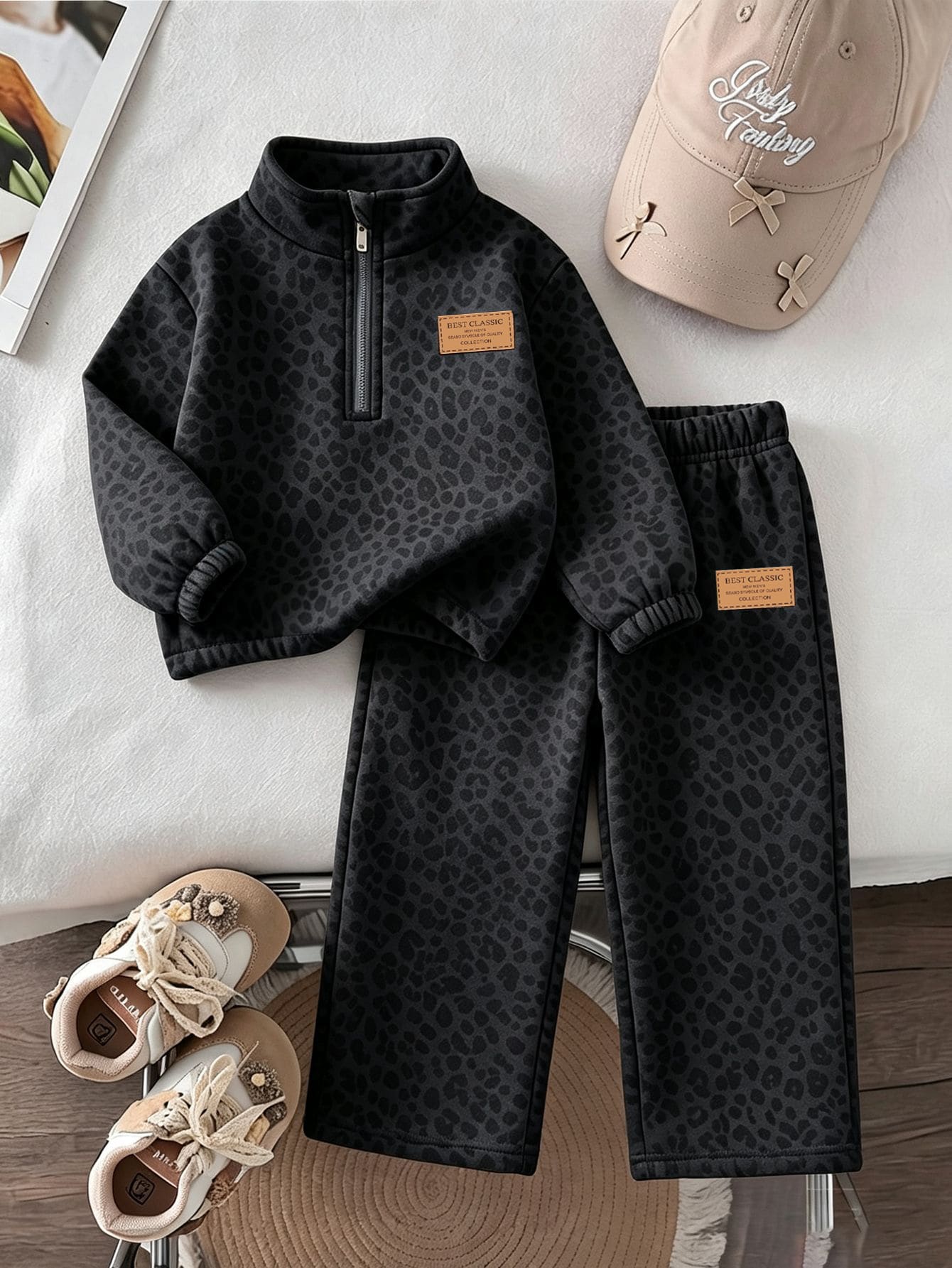 Girls' Khaki Brown Leopard Print Thermal Lined 2 Pieces Set, Half-Zip Stand Collar Top + Wide Leg Pants, Thick Thermal Lined, Stamp - Multicolor - View 1