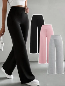 SHEIN 青少年女孩秋冬針織黑色、深灰色、淺灰色高腰寬腰帶修身直筒寬腿長褲 百搭簡約舒適街頭風 3件組 - 彩色 - 查看 2