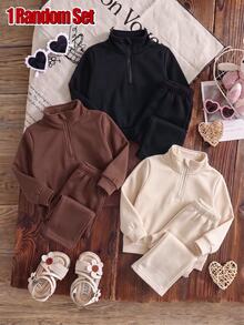 SHEIN Playful Pals 3sets Infant Girls And Boys 3 PiecesSolid Color Zipper Stand Collar Fleece Sweatshirt & Wide Leg Sweatpants Set, Basic - Multicolor - View 4