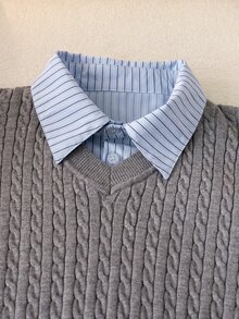 SHEIN 8-12歲女孩灰色麻花編織2合1針織上衣，配藍白條紋襯衫領，拼接落肩短版針織上衣，學院風寬鬆長袖套頭衫，適合春秋穿著 - 灰色 - 查看 6