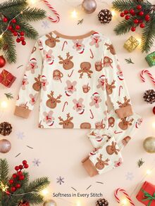 Baby Boy Classic Long Sleeve & Long Pants Snug Fit Set, Classic Christmas Element Pattern Print, Cute Christmas Deer Pattern Print, Classic Christmas Candy Pattern Print, Classic Christmas Gingerbread Man Pattern Print, Christmas Snowman Pattern Print, Suitable For Autumn/Winter, Suitable For Christmas - Multicolor - View 3