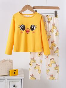Girls' Fashionable Cute Ballet Girl Print Long Sleeve Long Length Comfortable Milk Silk Fabric Loungewear Set - Yellow - View 3