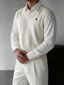 Manfinity Homme 男士騎士刺繡V領百搭針織背心，Ins風，華麗派對，街頭成熟，寬鬆版型白色針織背心，秋季，正式，老錢風 - 彩色 - 查看 4