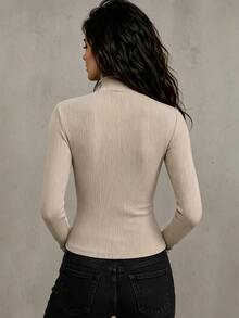 LUMIGAL Women's Autumn/Winter Khaki Fashion Versatile Casual Napoleon Style Long Sleeve T-Shirt - Khaki - View 2
