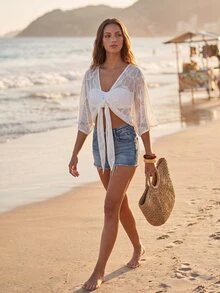 CAJUNI Women's Shell Pattern Hollow Out Casual Vacation Cover-Up Blouse Summer Resort - White - View 5