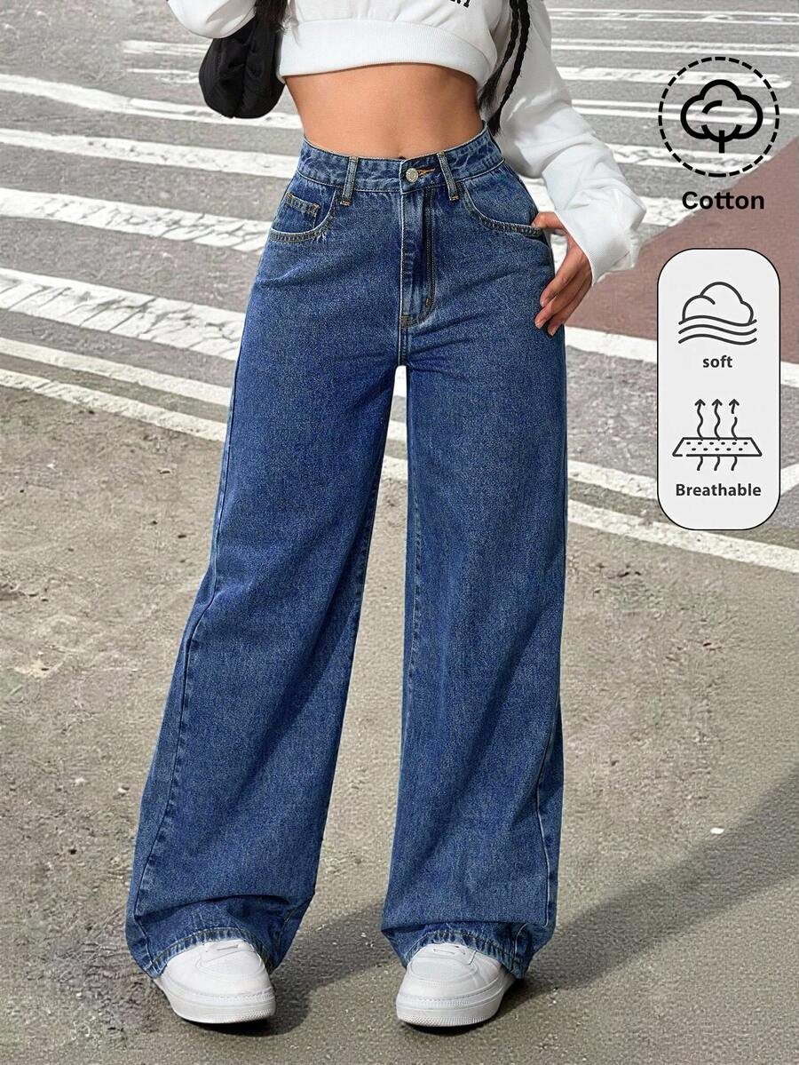 SHEIN 青少年女孩休閒寬腿鬆款深藍色牛仔褲,附口袋 - 深色水洗藍 - 查看 1