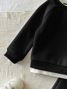 男女嬰兒/幼兒 2件組秋冬休閒可愛 2合1奶油色運動衫套裝，嬰兒運動服，嬰兒冬季衣物 - 黑色 - 查看 7