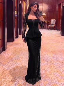 Aureia 優雅奢華彈性蕾絲拼接透視袖與領口蕾絲拼接胸部遮蓋上衣，小A字百褶2合1直筒落地長裙，適合婚禮、單身派對、度假、舞會、晚宴、展覽、商務、畢業典禮、雞尾酒會等場合的女士正式晚禮服（重工風格） - 黑色 - 查看 1