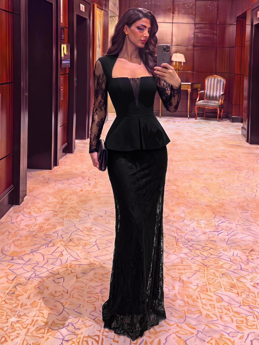 Aureia 優雅奢華彈性蕾絲拼接透視袖與領口蕾絲拼接胸部遮蓋上衣，小A字百褶2合1直筒落地長裙，適合婚禮、單身派對、度假、舞會、晚宴、展覽、商務、畢業典禮、雞尾酒會等場合的女士正式晚禮服（重工風格） - 黑色 - 查看 1
