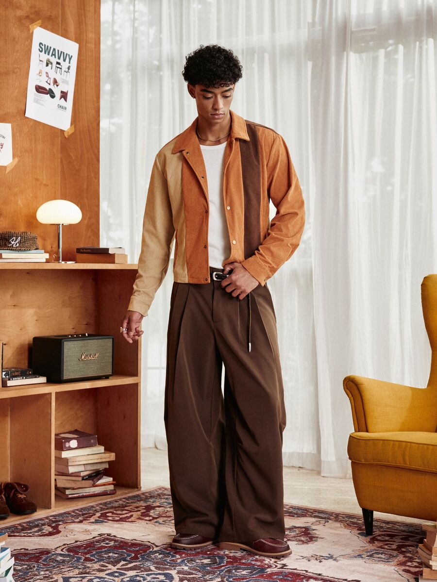 SWAVVY Men's Streetwear Colorblock Button Long Sleeve Jacket - Coffee Brown - View 1