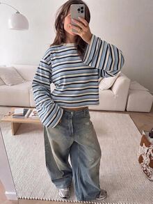 SHEIN EZwear 女款街頭風條紋拼接休閒T恤 - 藍色 - 查看 6