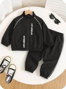 SHEIN 男嬰加厚工裝風黑色立領夾克長袖運動衫與黑色慢跑褲套裝，舒適百搭休閒時尚日常運動簡約百搭風，適合秋冬室內、戶外滑雪、日常、運動、派對、攝影 - 黑色 - 查看 6
