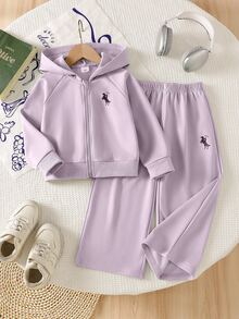 SHEIN ChillGRL Streecool 青少女 2 件套秋季服飾 常規厚度針織休閒百搭連帽拉鍊外套與寬鬆寬腿長褲套裝，附馬術運動圖案印花，適合休閒運動 - 紫色 - 查看 3