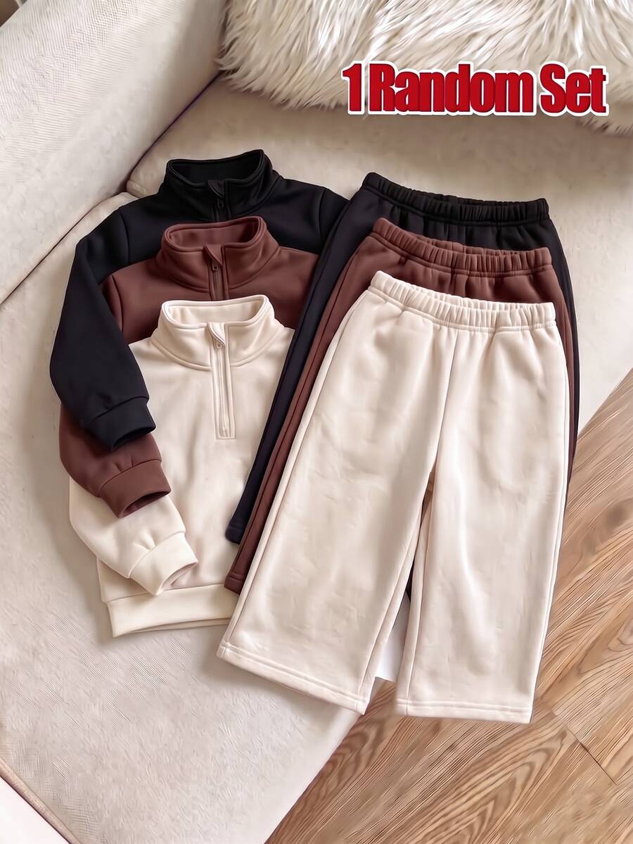 SHEIN Playful Pals 3sets Infant Girls And Boys 3 PiecesSolid Color Zipper Stand Collar Fleece Sweatshirt & Wide Leg Sweatpants Set, Basic - Multicolor - View 1