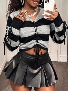 BamGleam Women's Elegant Black & Gray Striped Drawstring Crew Neck Long Sleeve Pullover Sweater - Multicolor - View 6