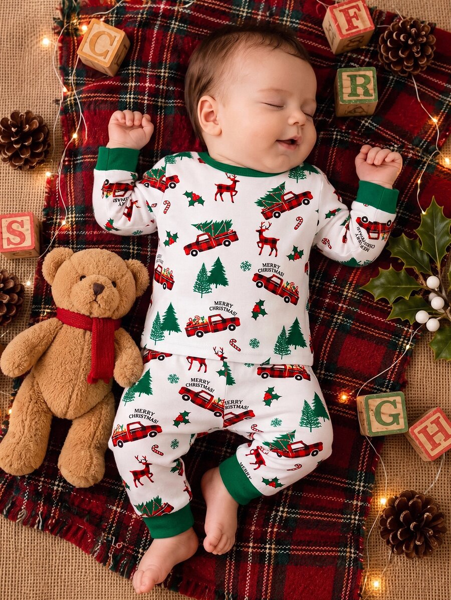 Baby Boy Classic Long Sleeve & Long Pants Snug Fit Set, Classic Christmas Element Pattern Print, Cute Christmas Deer Pattern Print, Classic Christmas Candy Pattern Print, Classic Christmas Gingerbread Man Pattern Print, Christmas Snowman Pattern Print, Suitable For Autumn/Winter, Suitable For Christmas - Multicolor - View 1