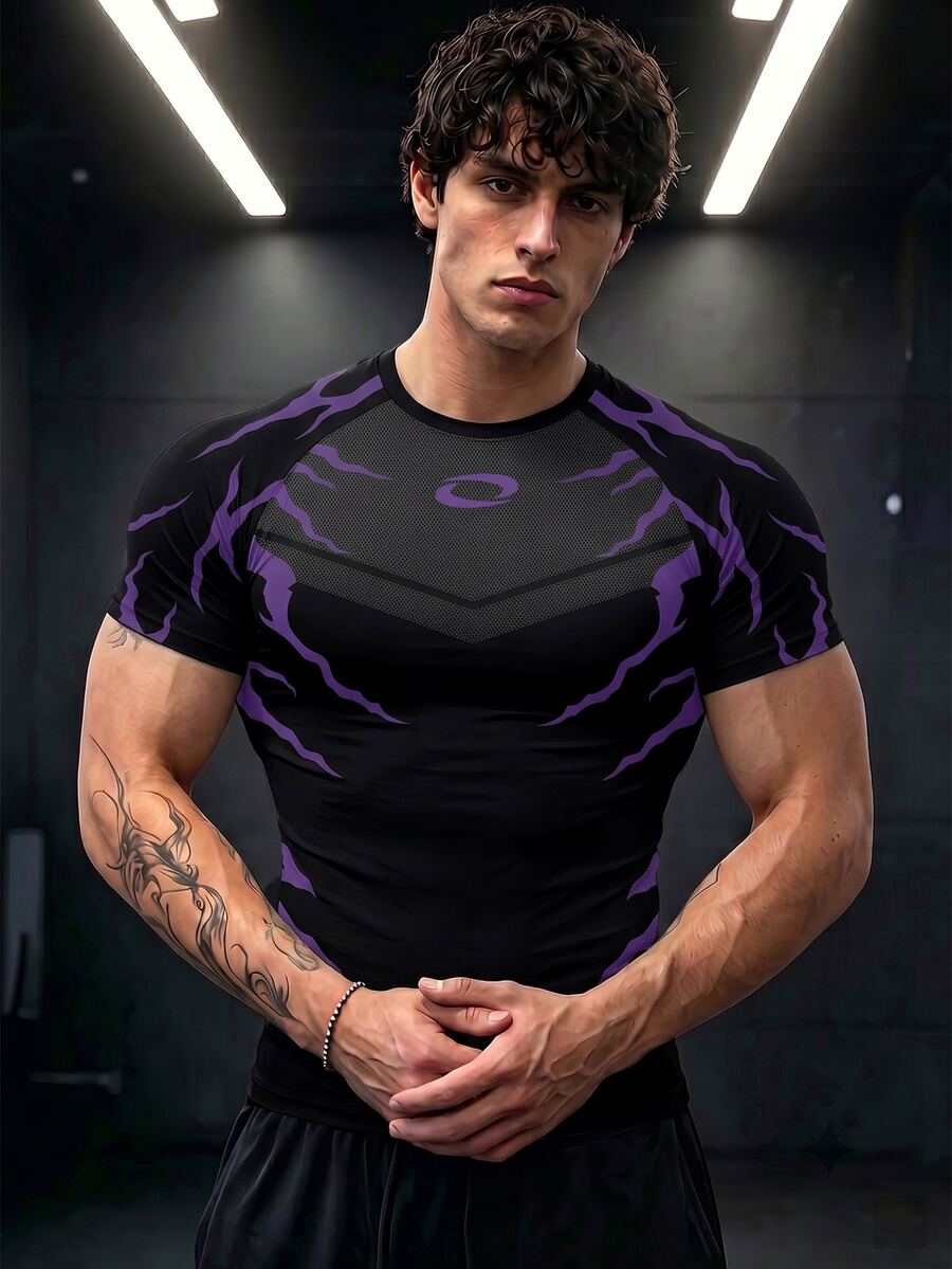 GymBeat Kaos Olahraga Pria Lengan Pendek Kerah Bulat dengan Motif Blok Warna dan Jala - MultiWarna - View 1