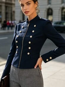 Balvessa Front Button Decor Short Overcoat - Navy Blue - View 4
