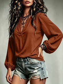 LUMIGAL 女款V領棕色長袖寬鬆襯衫 - 鏽棕色 - 查看 4