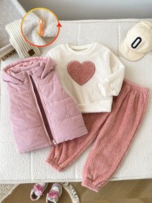 SHEIN 3件組女孩套裝，甜美清新風，愛心貼布裝飾，連帽拉鍊無袖背心，毛絨長袖上衣搭配收口長褲，時尚套裝，適合日常穿著、戶外活動、冬季季節 - 粉色 - 查看 3