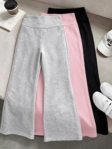 SHEIN 青少年女孩秋冬針織黑色、深灰色、淺灰色高腰寬腰帶修身直筒寬腿長褲 百搭簡約舒適街頭風 3件組 - 彩色 - 查看 1