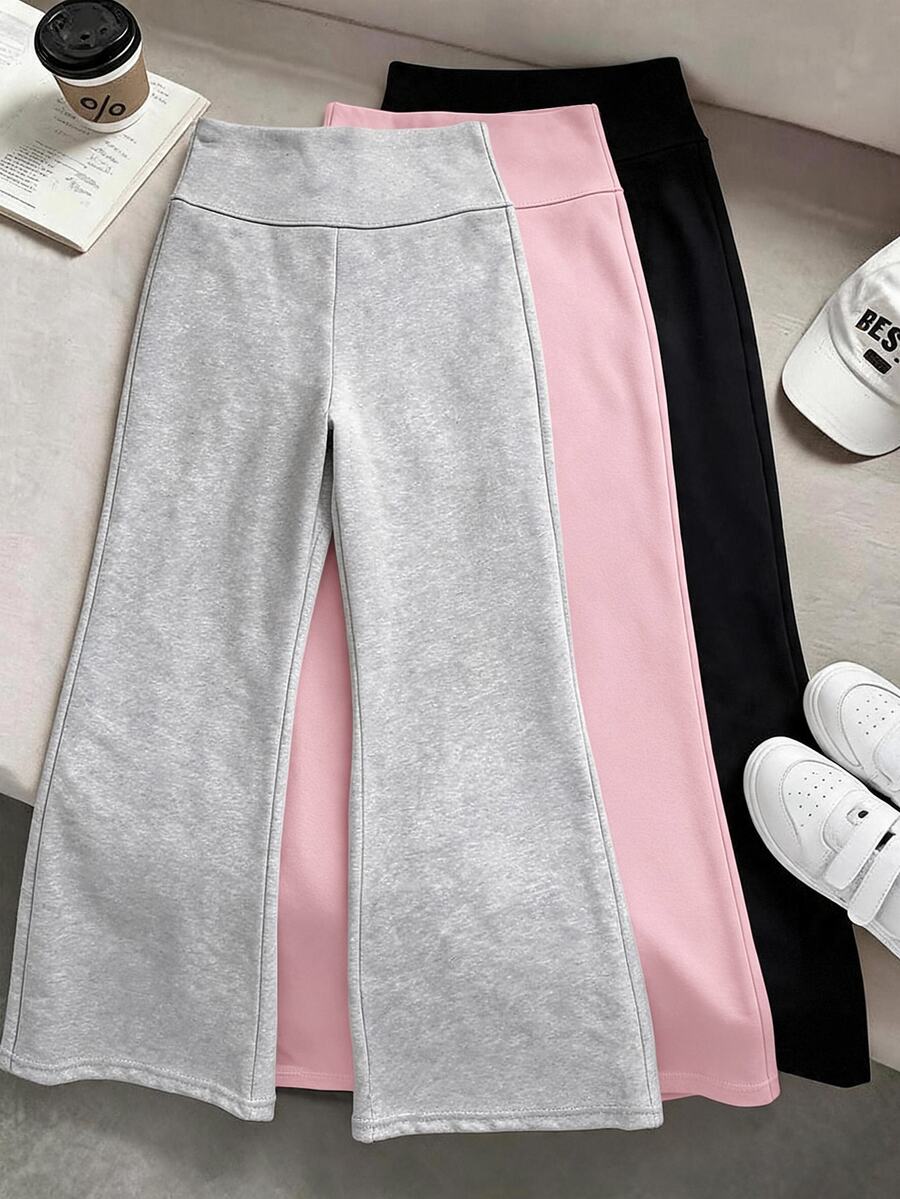 SHEIN 青少年女孩秋冬針織黑色、深灰色、淺灰色高腰寬腰帶修身直筒寬腿長褲 百搭簡約舒適街頭風 3件組 - 彩色 - 查看 1